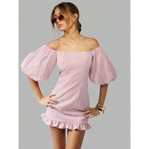 MISSGUIDED GINGHAM MINI DRESS OFF SHOULDER BALLOON SLEEVE LARGE